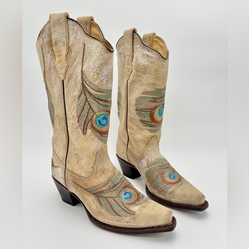 Corral Peacock Feather Embroidered Distressed Leather Western Boots Size 9.5